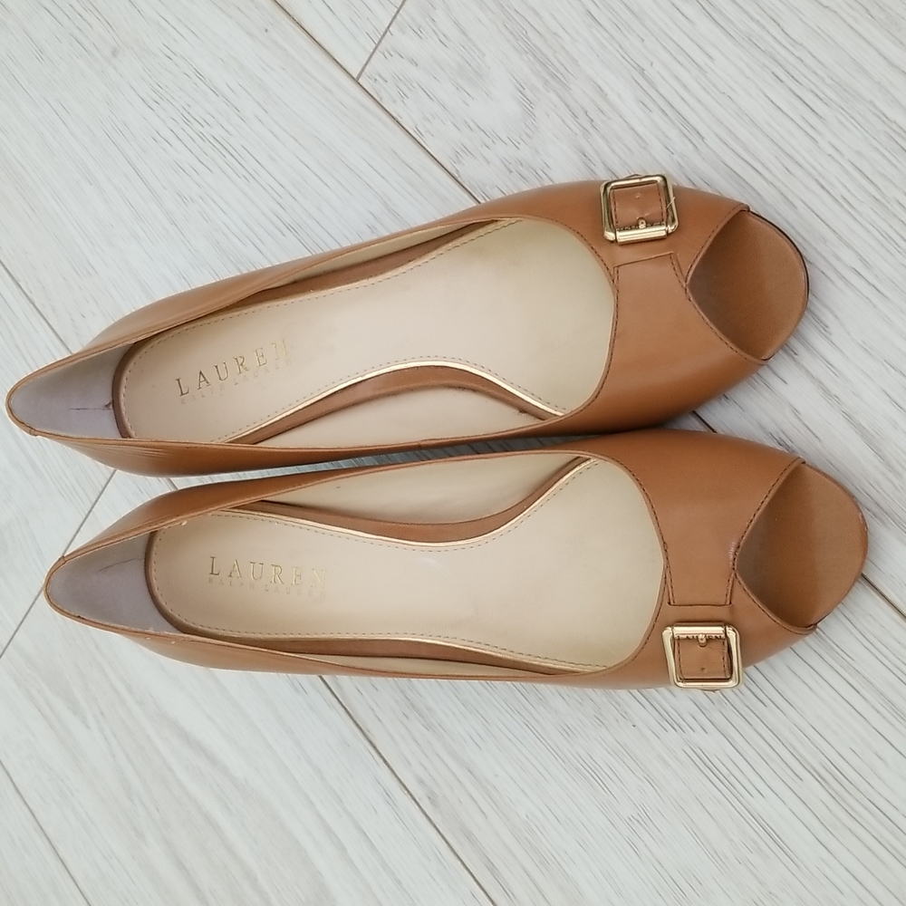 RALPH LAUREN Damaris Leather Heels Peep Toe  Size 9.5